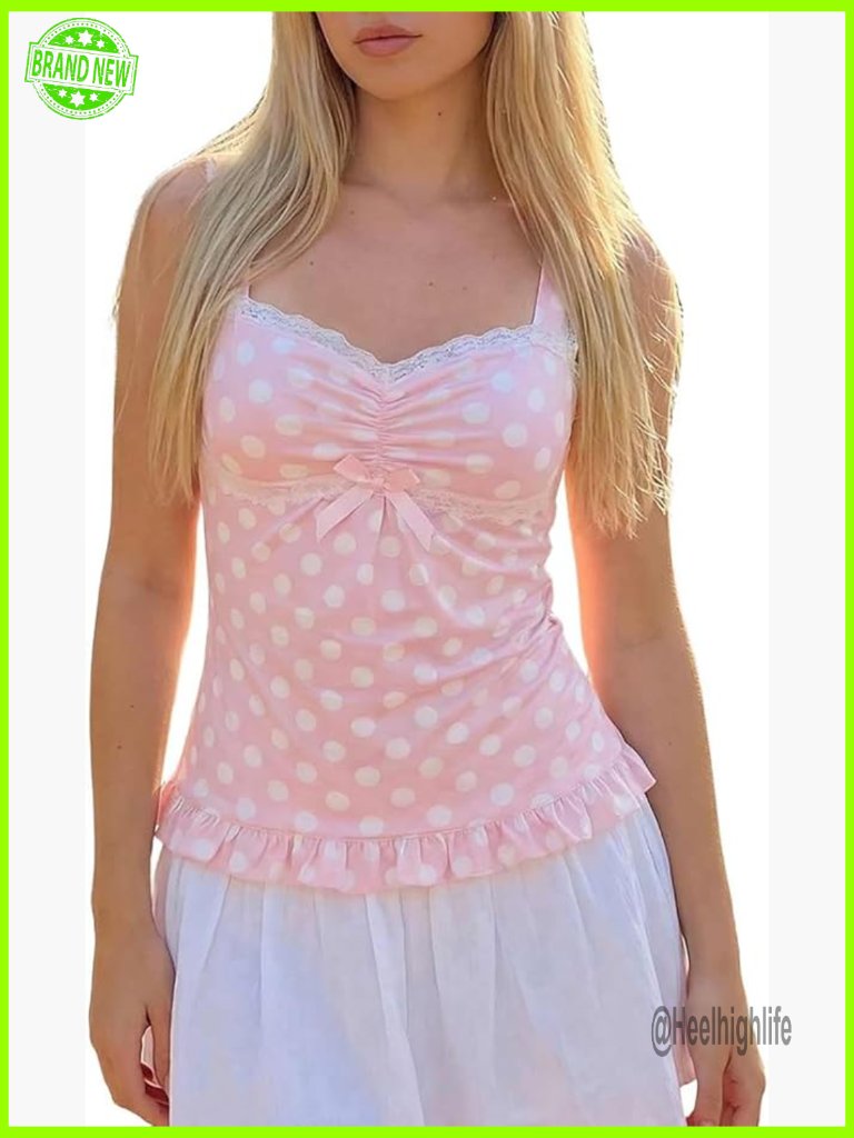 Polka Dot Lace Trim Crop Tank Top Sleeveless Slim Fit Going Out Cami